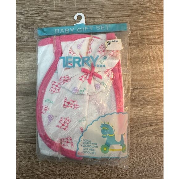 Vintage Terry Products Baby Gift Set Towel Washcloth Drool Bib PInk White Cats - Picture 1 of 4
